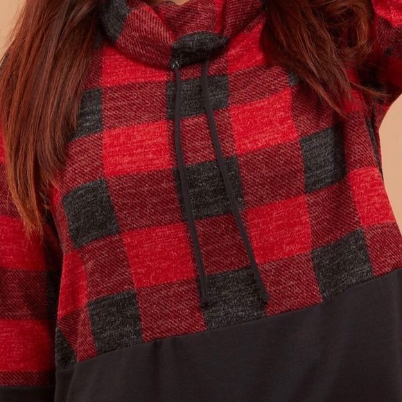Red Plaid Colorblock Cowl Sweater Plus Sz: 1X/2X - Picture 2 of 6